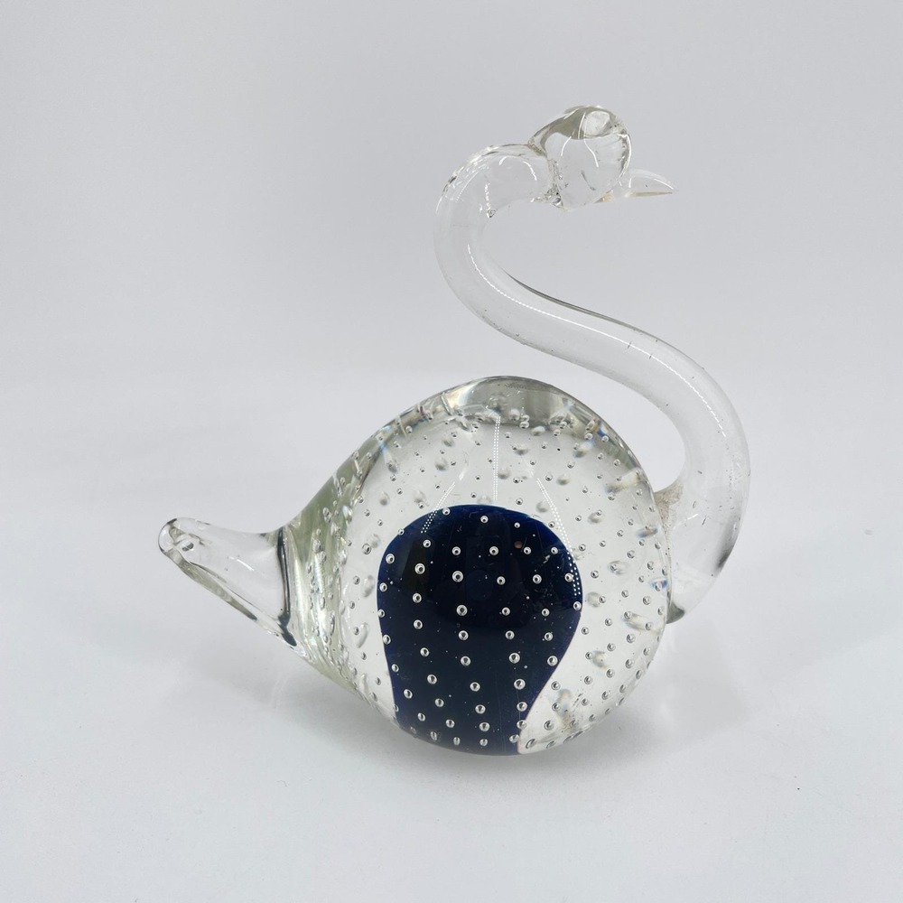 Vintage Hand Blown Controlled Bubble Glass Swan Figurine Dark Blue Japan 4"